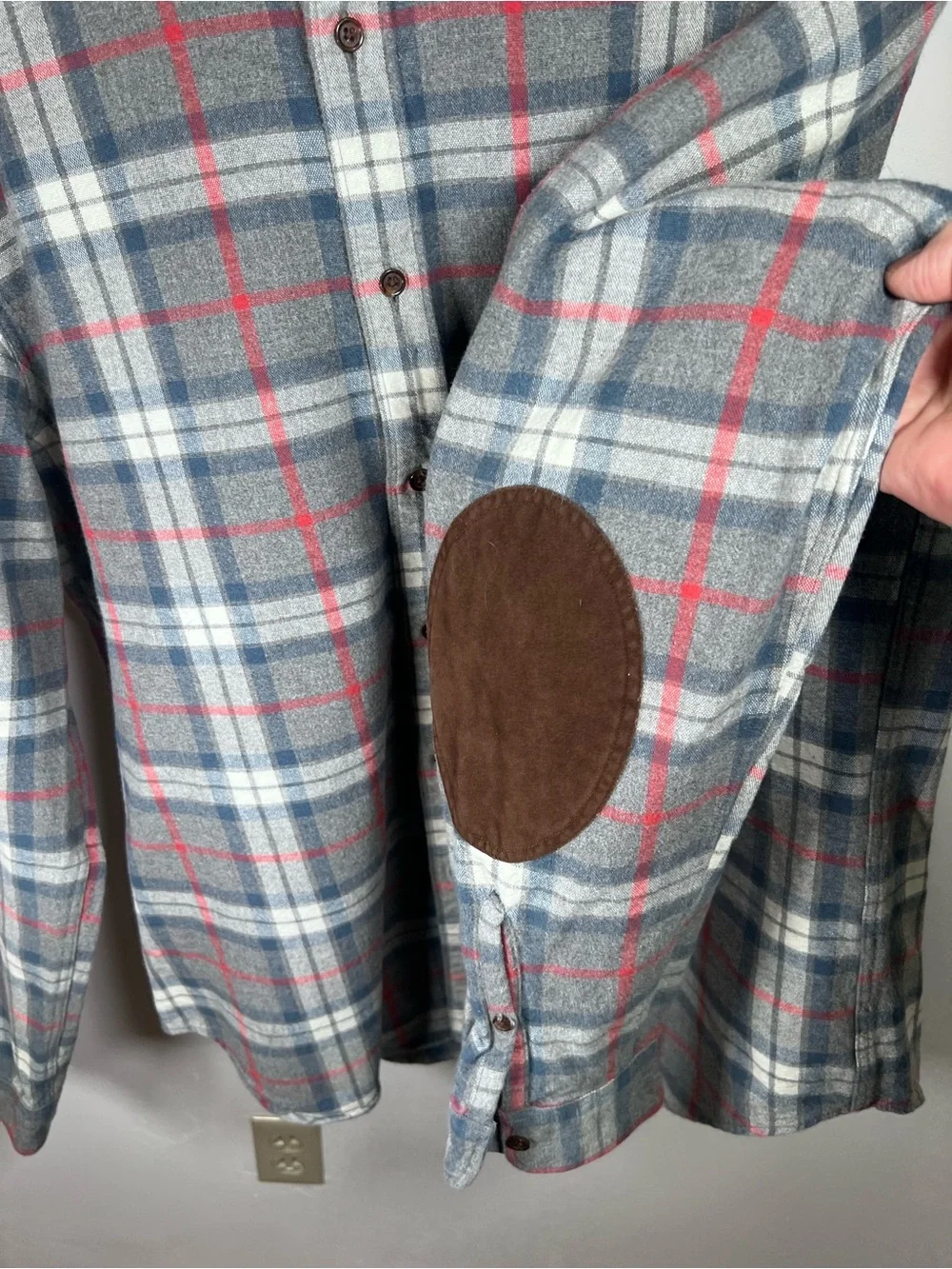 J. Crew Men's Gray Plaid Button-Up 100% Cotton Shirt with Brown Elbow Patches XL